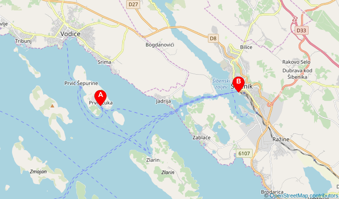 Map of ferry route between Prvic Luka and Sibenik